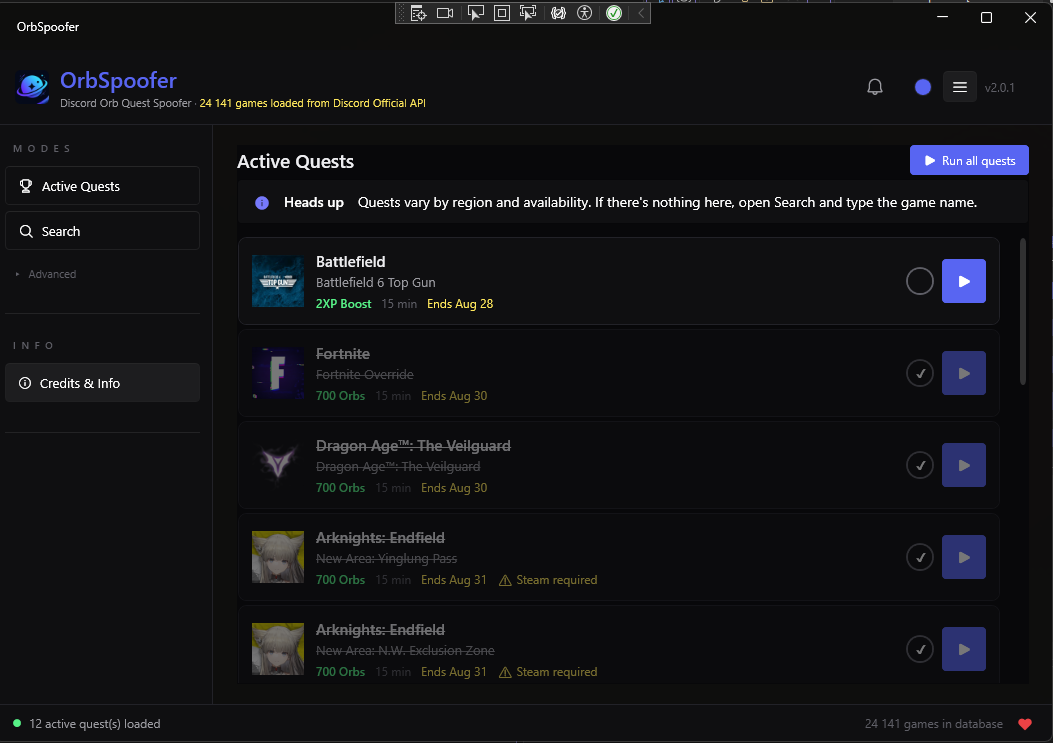 OrbSpoofer main interface